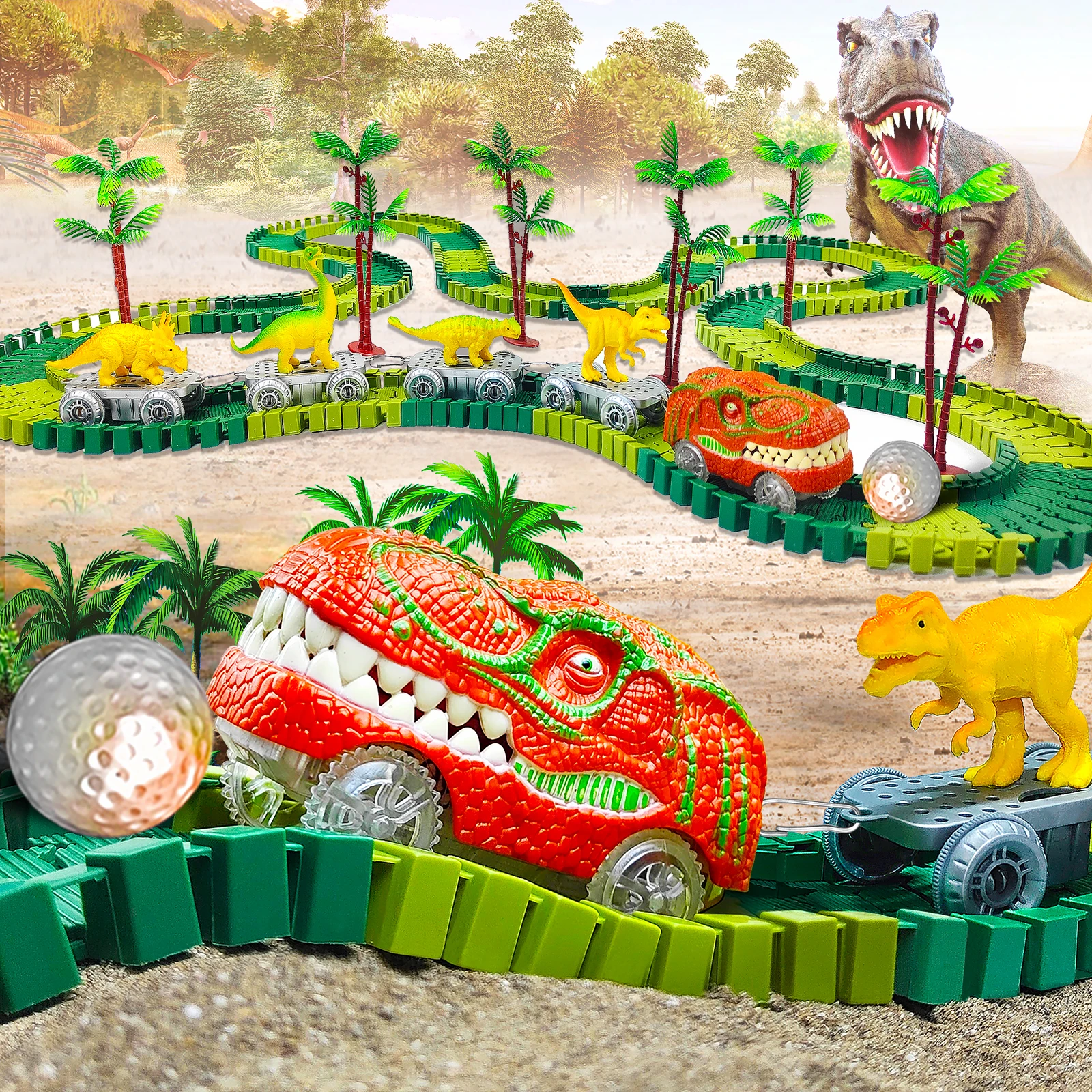 Dinosaur Race Car Track Toys, Create Dinosaur World Race ,Flexible Tracks Train - £12.86 GBP+