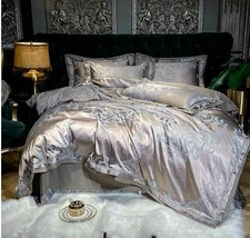 4pc European Luxury Queen Silver Gray Satin Jacquard Cotton Duvet Cover Set - £148.74 GBP