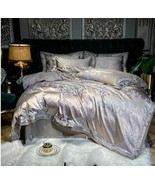 4pc European Luxury Queen Silver Gray Satin Jacquard Cotton Duvet Cover Set - £145.75 GBP