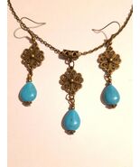 Turquoise flower bronze jewelry set necklace earrings Victorian necklace... - $52.00