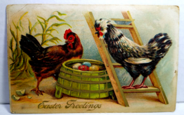 Easter Postcard Rooster Hen Painted Eggs Ladder Basket Embossed Vintage 1911 - £4.24 GBP