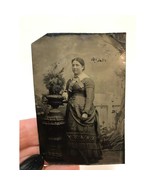 Antique 1870s Studio Tintype Portrait Photograph Woman Standing By Potte... - £8.13 GBP