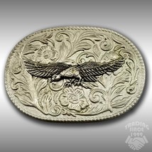 Vintage Belt Buckle Oval American Eagle Flying Bird Silver Color Made In Hong - £20.50 GBP