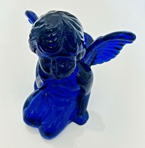 Cherub Cobalt Blue Glass Sitting Kneeling Angel Figurine Taper Candle Holder - £18.62 GBP