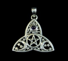 Solid 925 Sterling Silver Celtic Trinity Pentacle Sun Moon &amp; Stars Pendant - £39.74 GBP