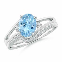 ANGARA Oval Aquamarine and Diamond Wedding Band Ring Set in 14K Solid Gold - £1,529.24 GBP