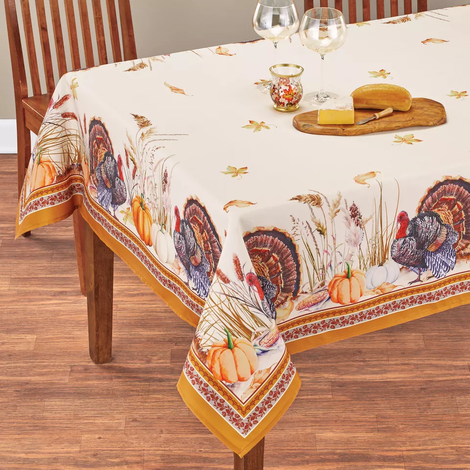 Tablecloth Charming Colorful Turkey Harvest Printed Rectangle 90"L x 60"W - £55.59 GBP