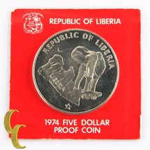 1974 Liberia $5 Dollar Coin (Proof, PF) 0.900 Silver Bull Elephant Five ... - $137.23