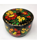 Hand Painted Black Lacquer Round Floral Trinket Box with Lid Signed Ukraine - $14.99