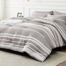 Bed In A Bag Twin Size 5 Pieces, Warm Taupe White Striped Bedding Comfor... - £68.90 GBP