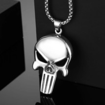 Men&#39;s Gothic Silver Punisher Skull Pendant Punk Retro Rock Necklace Chain 24&quot; - £9.48 GBP