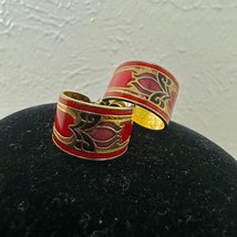 Vintage Taiwan Oriental Enamel Cloisonne Wide Hoop Pierced Earrings Red Gold - £11.00 GBP