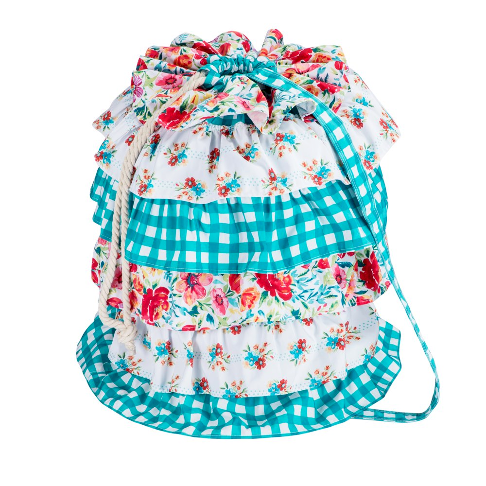 Primary image for Pioneer Woman Ruffled Laundry Bag Petal Party Rope Drawstring Teal Floral
