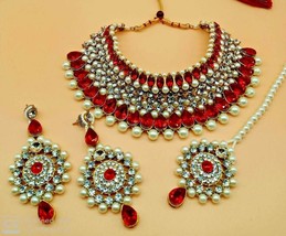 Bollywood Indian Bridal Jewelry Gold Plated Kundan Pearl Necklace Earrings Tikka - £29.13 GBP