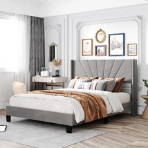 Grey Queen Merax Modern Upholstered Platform Bed With Wingback Headboard And - £220.19 GBP
