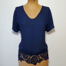 Zac &amp; Rachel Size M Blouse Top Short Sleeve Navy Chiffon V-Neck Lace Oversized - $18.62