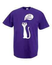 Mens T-Shirt Cute Happy Cat Quote Enjoy Life It&#39;s Delicious, Kitty Tshirt - £19.45 GBP
