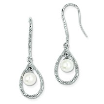 Sterling Silver Rhodium Plated Dia. &amp; Fwc Pearl Dangle Earrings Jewerly - £75.69 GBP