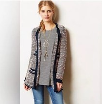Anthropologie Grafton Open Knit Cardigan MED Tweed Blue Fringe Sweater W... - $24.99