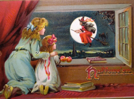 Halloween Postcard Mother &amp; Child Watch Witch Flying By Moon Fantasy Tucks 150 - £36.01 GBP