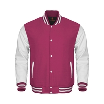 Super Bomber Varsity Letterman Baseball Jacket Pink Body White Leather Sleeves - £77.19 GBP