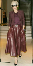 Women&#39;s Genuine Lambskin Leather Long Skirt Stylish Flare Belted Burgundy Skirt - £95.27 GBP+