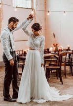 Casual Style Long Sleeve Lace Crop Top Boho Two Piece Wedding Dresses - £165.12 GBP