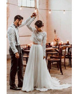 Casual Style Long Sleeve Lace Crop Top Boho Two Piece Wedding Dresses - $209.00
