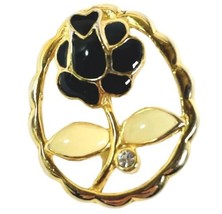 Black Cream Enamel Brooch Gold Tone Flower Oval Floral 1” - $14.30
