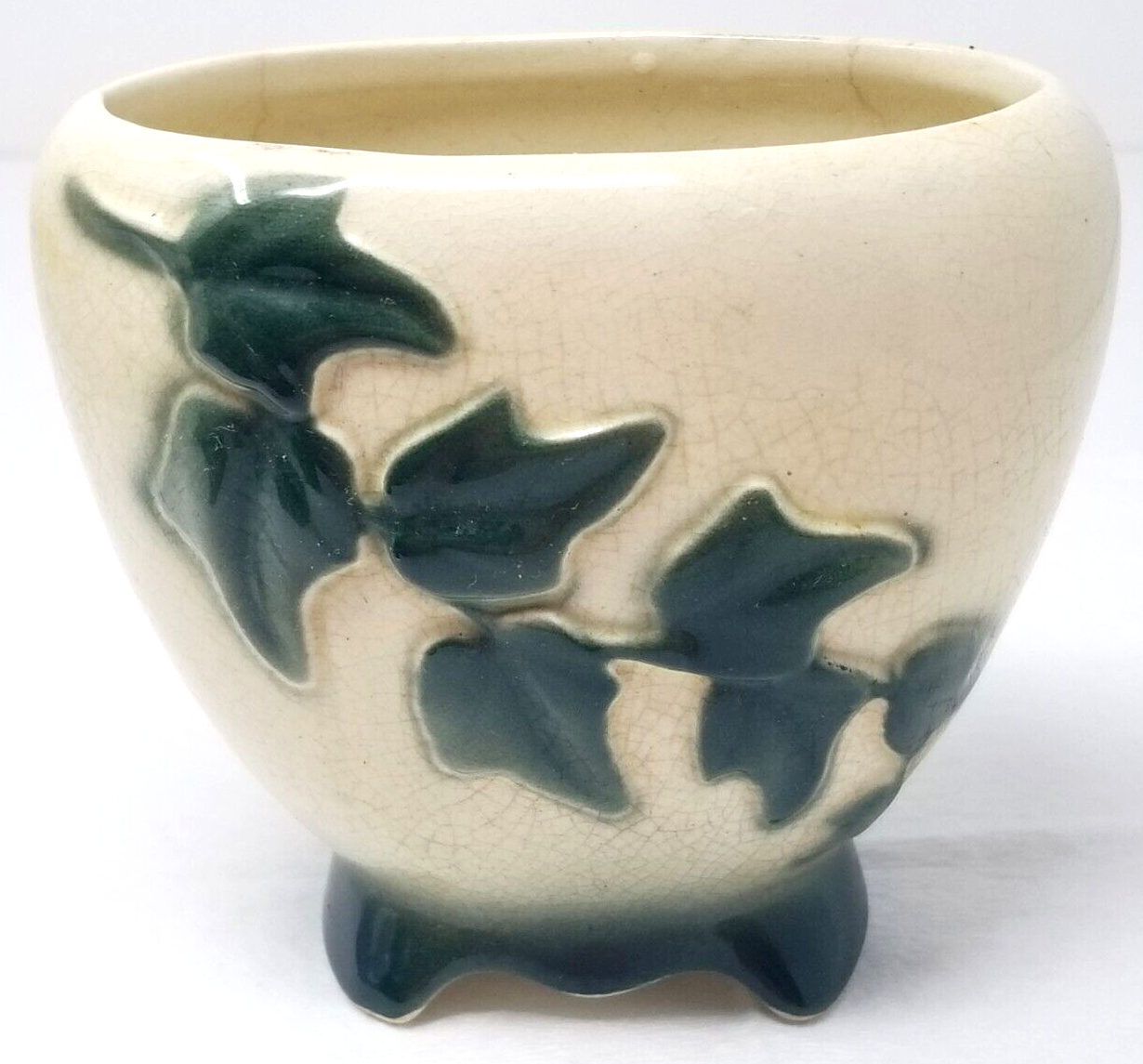 Primary image for Hunter Green Ivy Planter Crackle Glaze Table Small Pedestal Handmade 1960s