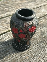 Vintage Small Made in Japan Black w Red Flowers Vase – 4.75 inches tall x 2 and - £10.55 GBP