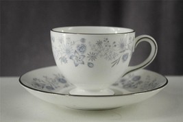 English China WEDGWOOD Belle Fleur Blue Floral Silver Trim Teacup &amp; Saucer - £19.42 GBP