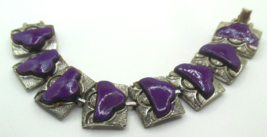 Vintage Signed CORO Silver-tone Purple Panel Link Bracelet 7&quot; - £34.99 GBP