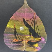 Boats At Sunset Hand Painted On Sacred Fig Leaf India Seminarians Pipal ... - $37.39