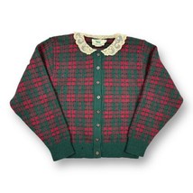 Blarney Woolen Mills Sz M Wool Lace Collar Knit Cardigan Cranberry Plaid... - £27.62 GBP