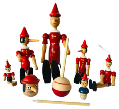 5 Pinocchio Wood Doll Figures + Pencil Sharpeners &amp; Bottle Stopper Vinta... - £96.67 GBP