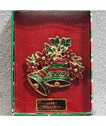 Vintage Happy Holidays Christmas Bells &amp; Holly Red-Green Enamel Brooch P... - $260.40 MXN