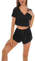 RH Women&#39;s Pajama Short Sleeve Crop Lace Knitted Pj Set Top/Shorts PJS RHW2925-A - £13.54 GBP