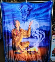 Indian Brave Spirit Of The Buffalo Fire Sky Blanket Throw Sherpa Back 50 X 60 - £32.20 GBP
