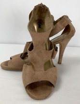 Fioni Tan Criss Cross Strap Heels Sandals Slingback Peep Toe Suede Like Size 10 - £23.97 GBP
