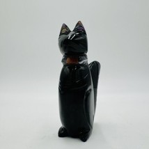 Carved Black Obsidian Cat Figurine Abalone Ears, Gemstone Collar 3.5in Signed - $31.50