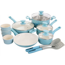 Spice by Tia Mowry Savory Saffron 16 Piece Ceramic Nonstick Cookware Set in Blue - £148.44 GBP