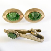 Vintage Cufflinks and Tie Clip Set Carved Stone Sterling Silver - £46.38 GBP