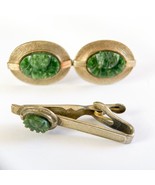 Vintage Cufflinks and Tie Clip Set Carved Stone Sterling Silver - £47.06 GBP
