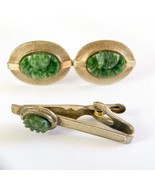 Vintage Cufflinks and Tie Clip Set Carved Stone Sterling Silver - $59.39