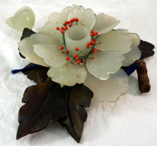 Sculpted Light &amp; Dark Jade Hardstone Handle Holder Shaped as a Flower 1 ... - $64.99