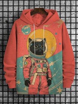 Men&#39;s Black Cat Astronaut Color Block Art Print Casual Hoodie - $30.00