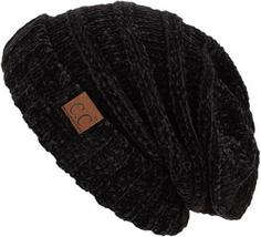 Black - Womens Beanie Chenille Solid Oversized Slouchy Hat Ribbed Knit - £23.68 GBP