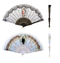 Divine Mercy Jesus &amp; Blessed Mother Lace Fabric Hand Fan Set Catholic - £12.76 GBP