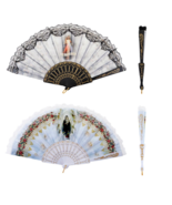 Divine Mercy Jesus &amp; Blessed Mother Lace Fabric Hand Fan Set Catholic - $16.99